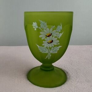 Westmoreland‎ Glass Goblet Green Vintage Hand Painted Daisy Satin Glass